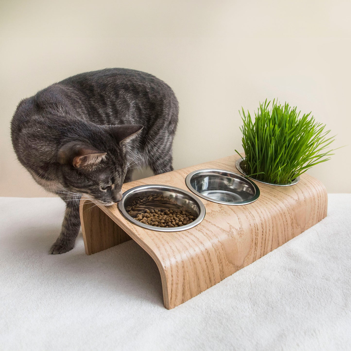 Wooden Elevated Cat and Dog Bowl Stand with 3 Bowls