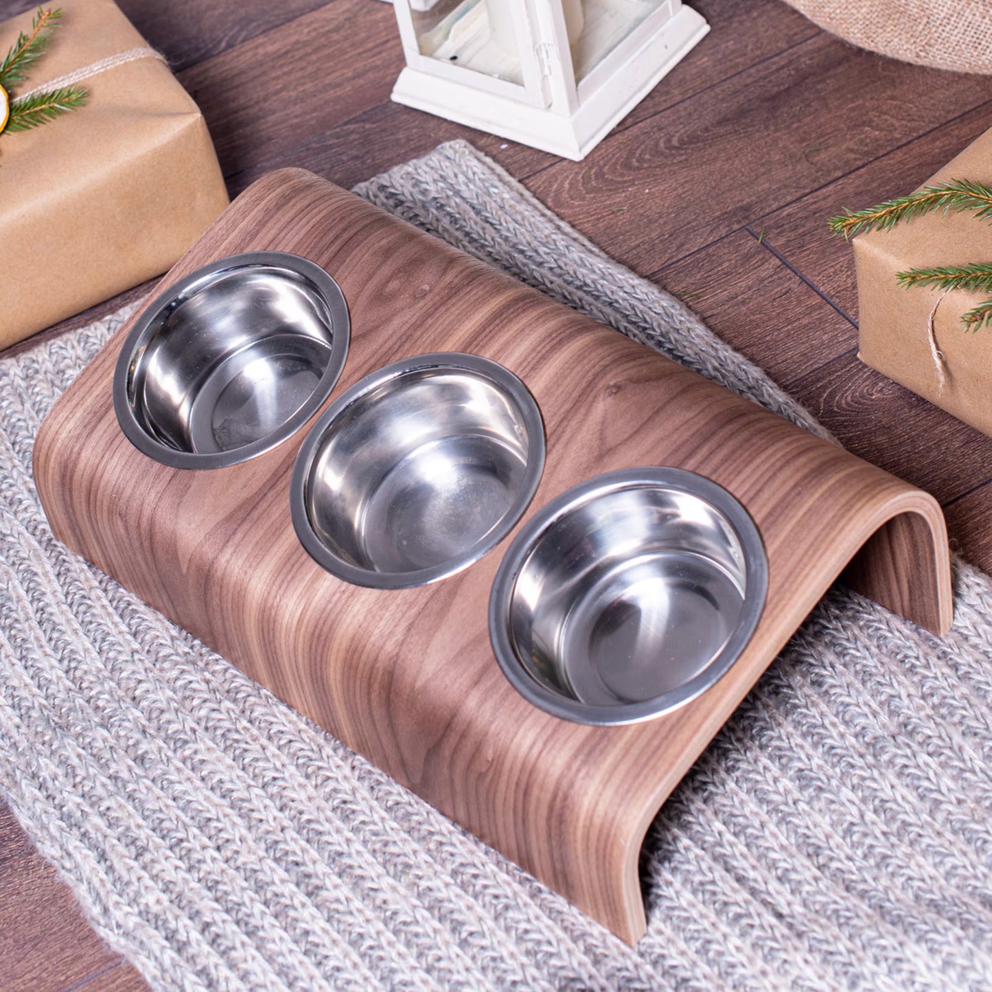 Wooden Elevated Cat and Dog Bowl Stand with 3 Bowls